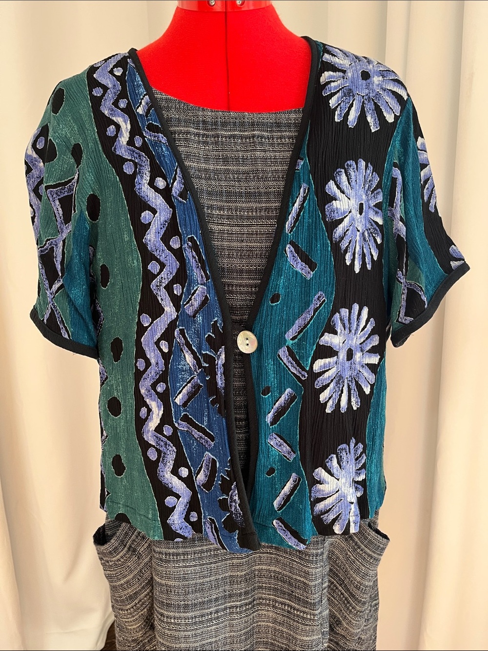 Women’s Short Sleeve Patterned Button Cardigan - Teal & Black